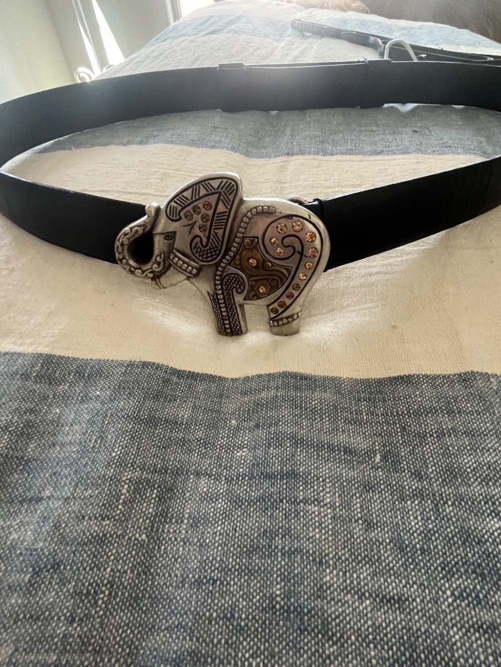 Chico's Ornate Elephant Silver Buckle Black Leather Belt S/M Boho Made In India